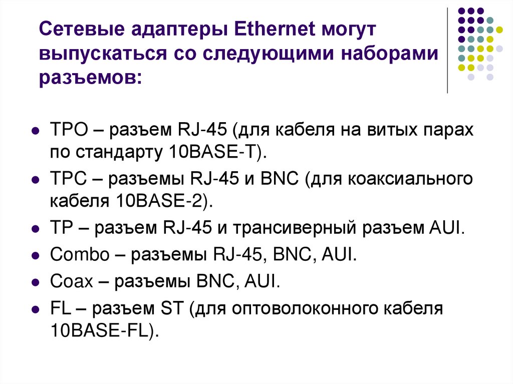 Сетевые адаптеры Ethernet могут выпускаться со следующими наборами разъемов: