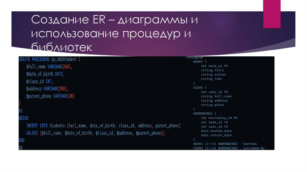 Создание ER – диаграммы и использование процедур и библиотек