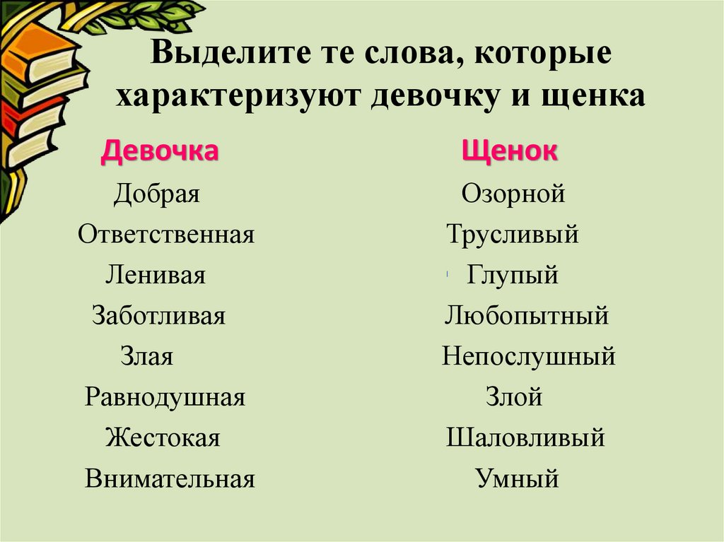 Выделите те слова, которые характеризуют девочку и щенка