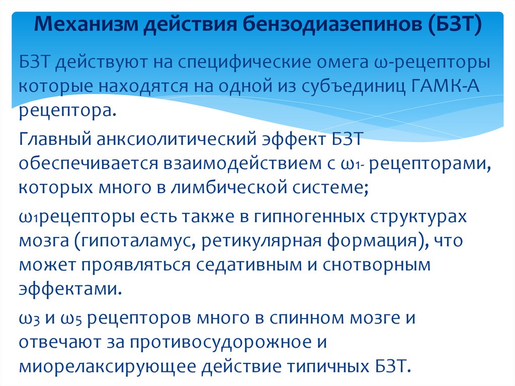 Механизм действия бензодиазепинов (БЗТ)