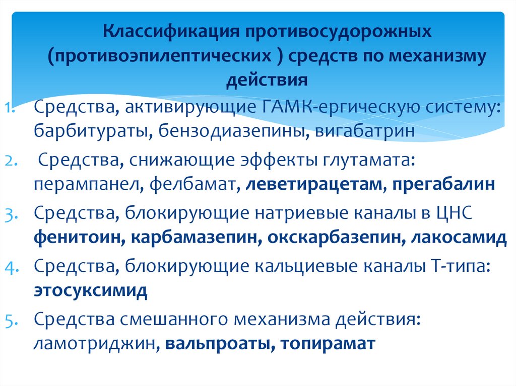 Классификация противосудорожных (противоэпилептических ) средств по механизму действия