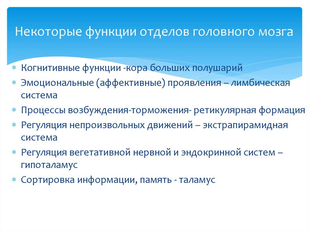 Некоторые функции отделов головного мозга