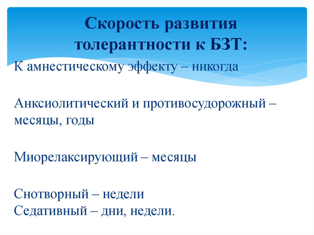 Скорость развития толерантности к БЗТ: