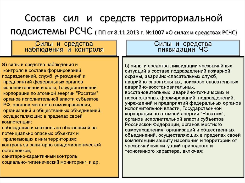 Состав сил и средств территориальной подсистемы РСЧС ( ПП от 8.11.2013 г. №1007 «О силах и средствах РСЧС)