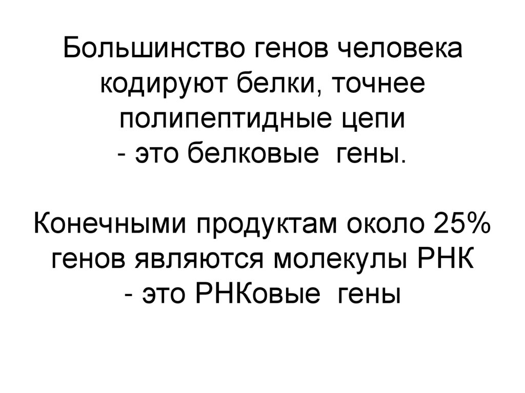 Большинство генов человека кодируют белки, точнее полипептидные цепи - это белковые гены. Конечными продуктам около 25% генов