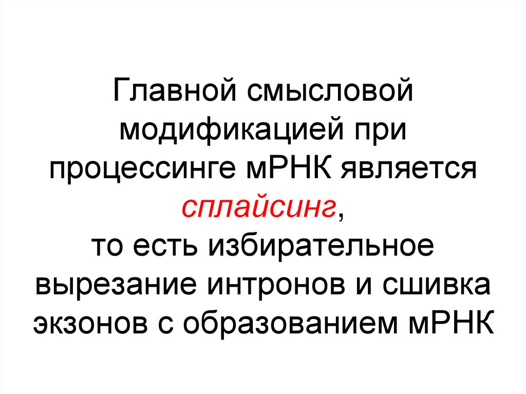 Главной смысловой модификацией при процессинге мРНК является сплайсинг, то есть избирательное вырезание интронов и сшивка