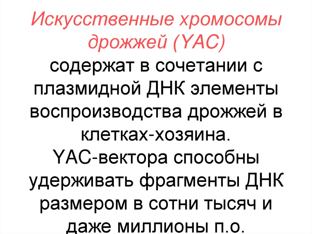Искусственные хромосомы дрожжей (YAC) содержат в сочетании с плазмидной ДНК элементы воспроизводства дрожжей в клетках-хозяина.