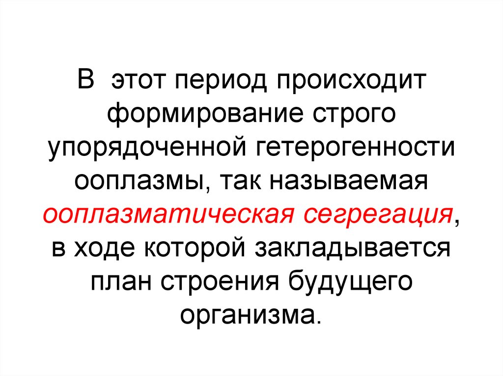 В этот период происходит формирование строго упорядоченной гетерогенности ооплазмы, так называемая ооплазматическая сегрегация,