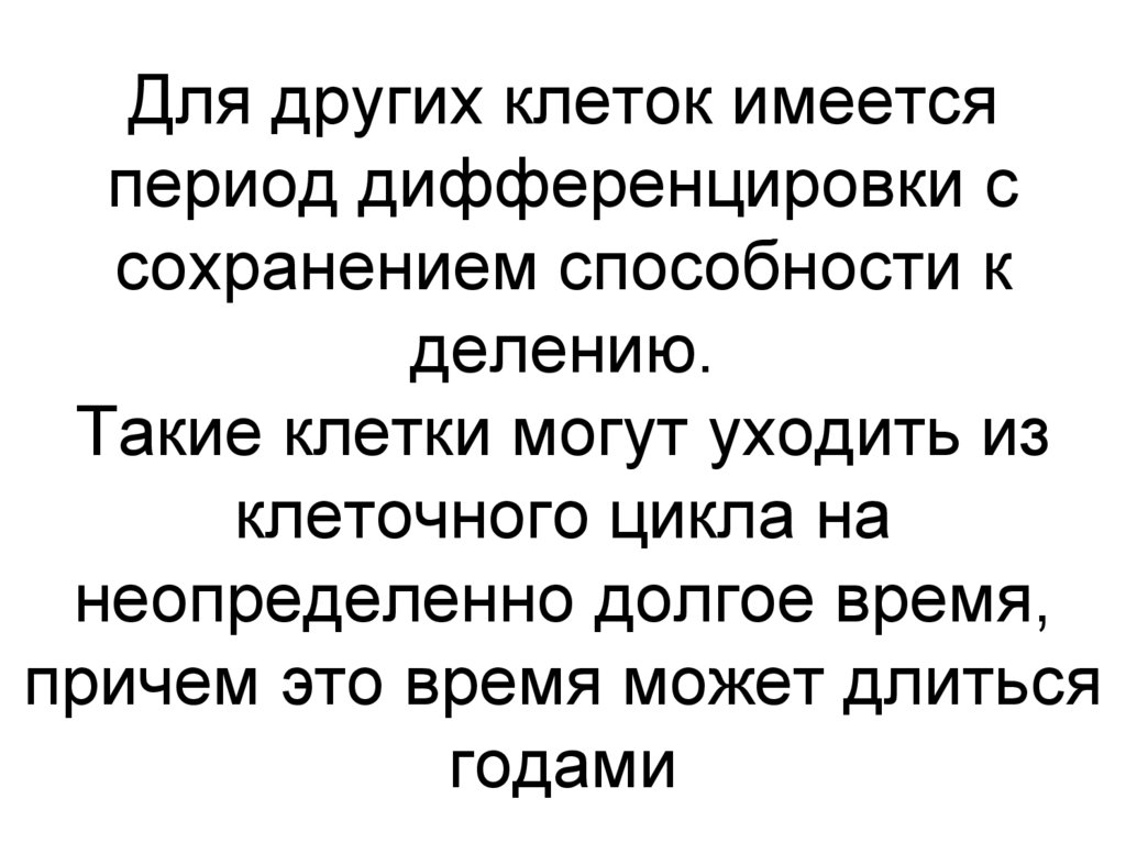 Для других клеток имеется период дифференцировки с сохранением способности к делению. Такие клетки могут уходить из клеточного
