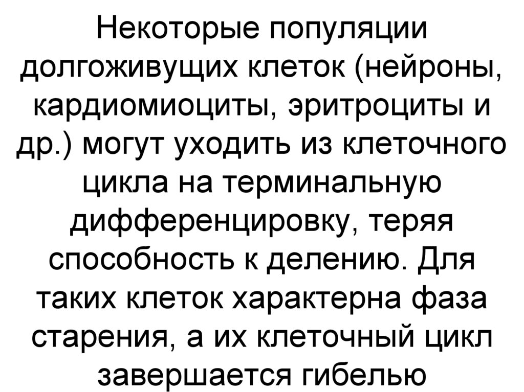 Некоторые популяции долгоживущих клеток (нейроны, кардиомиоциты, эритроциты и др.) могут уходить из клеточного цикла на