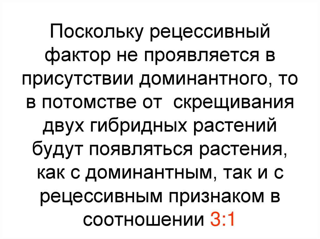 Поскольку рецессивный фактор не проявляется в присутствии доминантного, то в потомстве от скрещивания двух гибридных растений