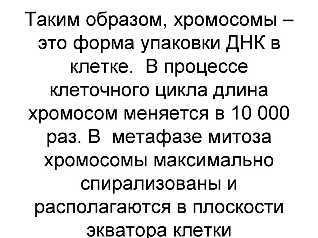 Таким образом, хромосомы – это форма упаковки ДНК в клетке. В процессе клеточного цикла длина хромосом меняется в 10 000 раз. В