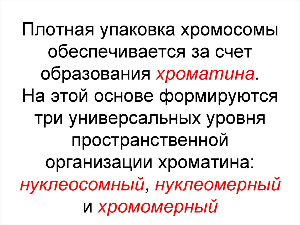 Плотная упаковка хромосомы обеспечивается за счет образования хроматина. На этой основе формируются три универсальных уровня