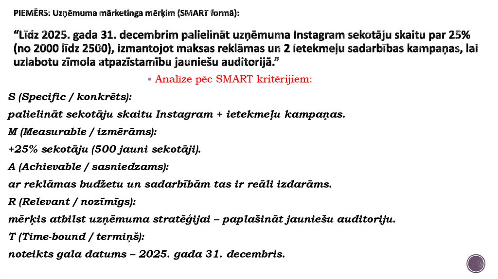 PIEMĒRS: Uzņēmuma mārketinga mērķim (SMART formā): “Līdz 2025. gada 31. decembrim palielināt uzņēmuma Instagram sekotāju skaitu