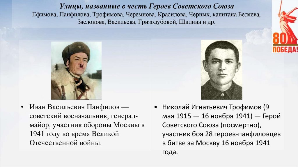 Улицы, названные в честь Героев Советского Союза Ефимова, Панфилова, Трофимова, Черемнова, Красилова, Черных, капитана Беляева,