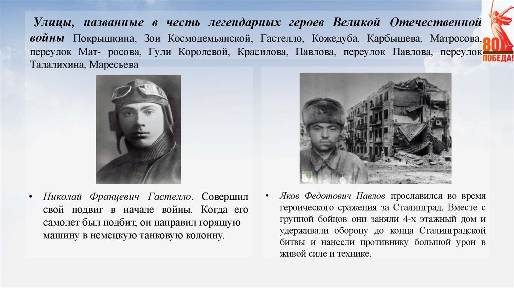 Улицы, названные в честь легендарных героев Великой Отечественной войны Покрышкина, Зои Космодемьянской, Гастелло, Кожедуба,