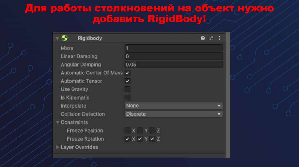 Для работы столкновений на объект нужно добавить RigidBody!