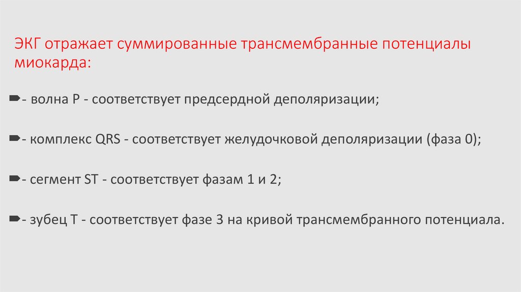 ЭКГ отражает суммированные трансмембранные потенциалы миокарда: