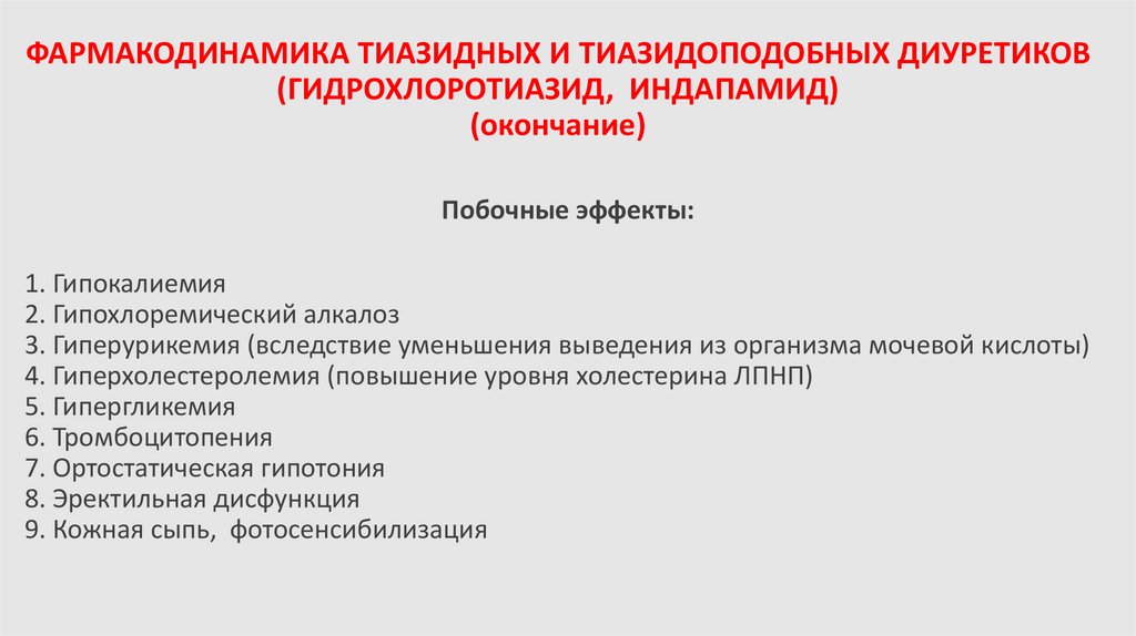 ФАРМАКОДИНАМИКА ТИАЗИДНЫХ И ТИАЗИДОПОДОБНЫХ ДИУРЕТИКОВ (ГИДРОХЛОРОТИАЗИД, ИНДАПАМИД) (окончание)