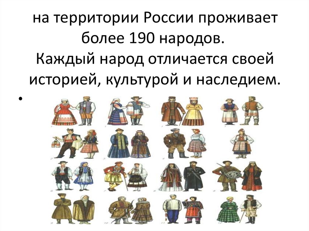 на территории России проживает более 190 народов.  Каждый народ отличается своей историей, культурой и наследием.
