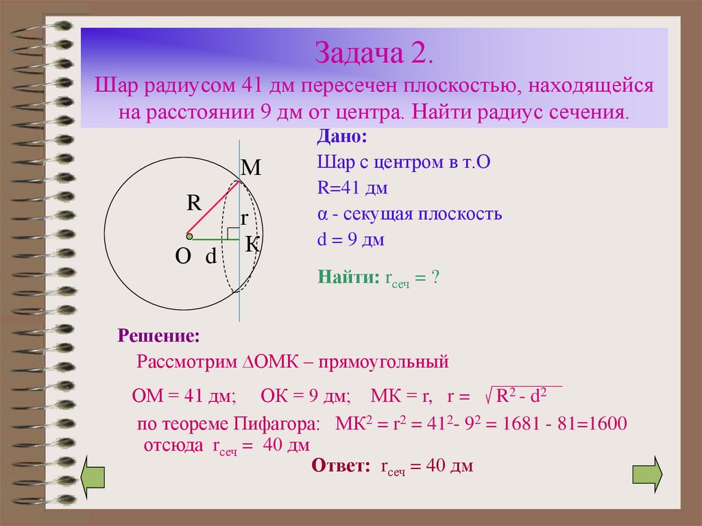 Задача 2. Шар радиусом 41 дм пересечен плоскостью, находящейся на расстоянии 9 дм от центра. Найти радиус сечения.