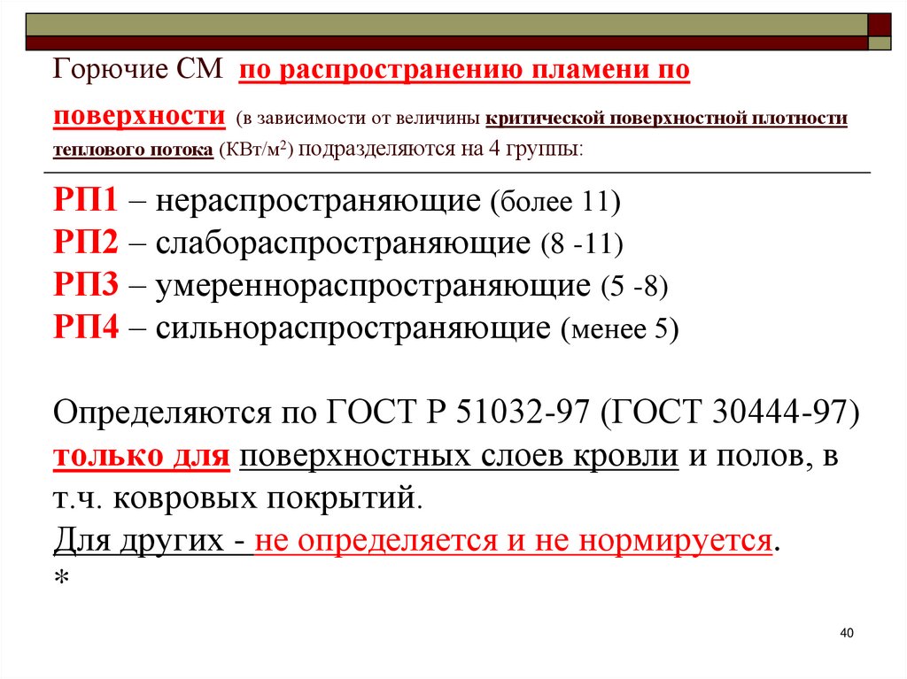 Горючие СМ по распространению пламени по поверхности (в зависимости от величины критической поверхностной плотности теплового
