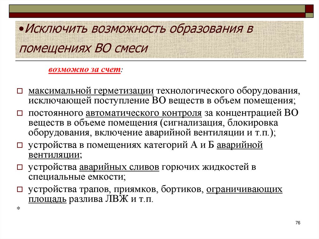Исключить возможность образования в помещениях ВО смеси