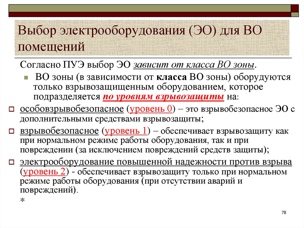 Выбор электрооборудования (ЭО) для ВО помещений