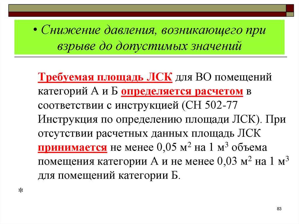 Снижение давления, возникающего при взрыве до допустимых значений