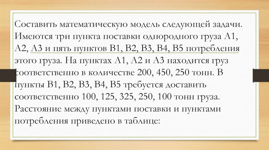 Составить математическую модель следующей задачи. Имеются три пункта поставки однородного груза А1, А2, А3 и пять пунктов В1,