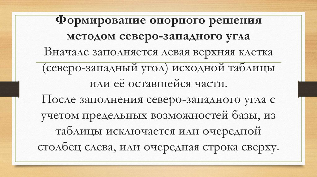 Формирование опорного решения методом северо-западного угла Вначале заполняется левая верхняя клетка (северо-западный угол)