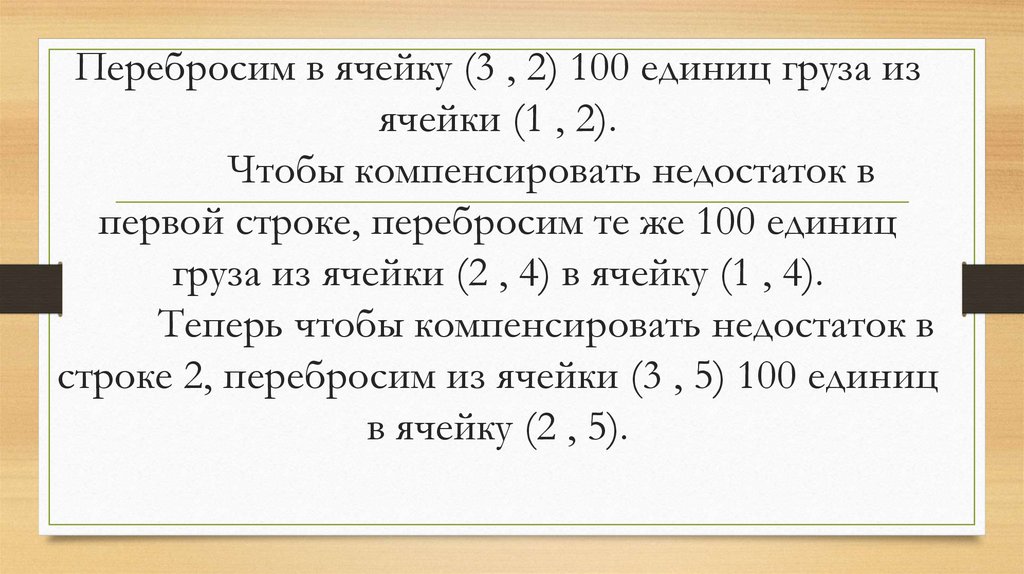 Перебросим в ячейку (3 , 2) 100 единиц груза из ячейки (1 , 2). Чтобы компенсировать недостаток в первой строке, перебросим те
