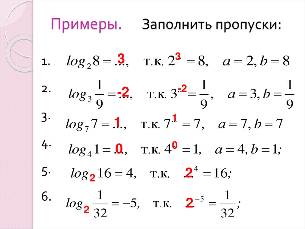 Примеры. Заполнить пропуски: