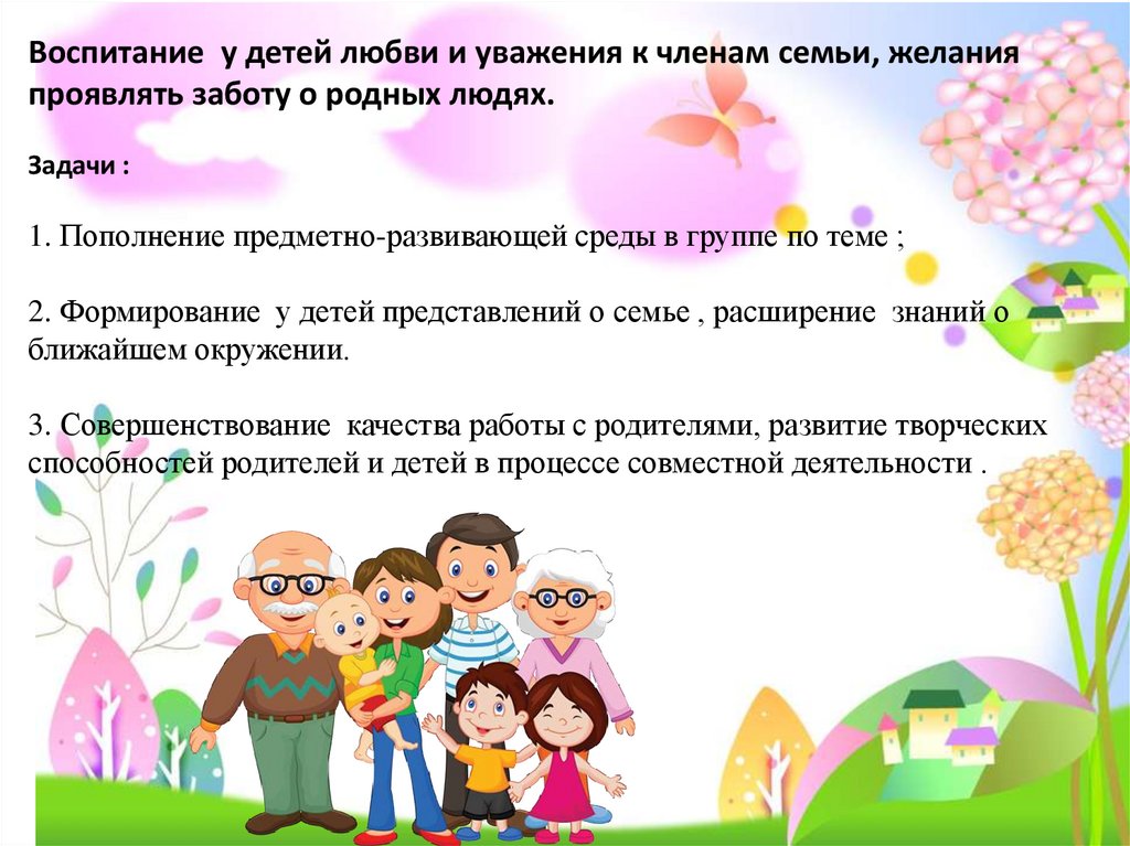 Воспитание у детей любви и уважения к членам семьи, желания проявлять заботу о родных людях. Задачи : 1. Пополнение