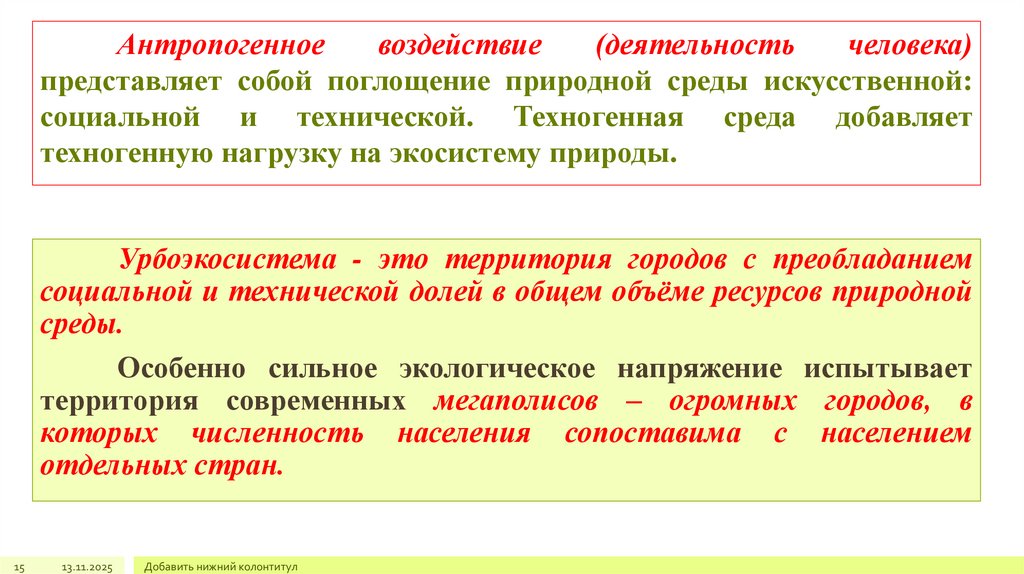 Антропогенное воздействие (деятельность человека) представляет собой поглощение природной среды искусственной: социальной и