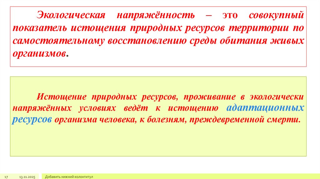 Экологическая напряжённость – это совокупный показатель истощения природных ресурсов территории по самостоятельному
