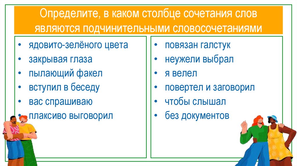 Определите, в каком столбце сочетания слов являются подчинительными словосочетаниями