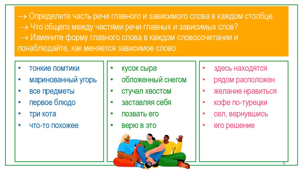  Определите часть речи главного и зависимого слова в каждом столбце.  Что общего между частями речи главных и зависимых слов?