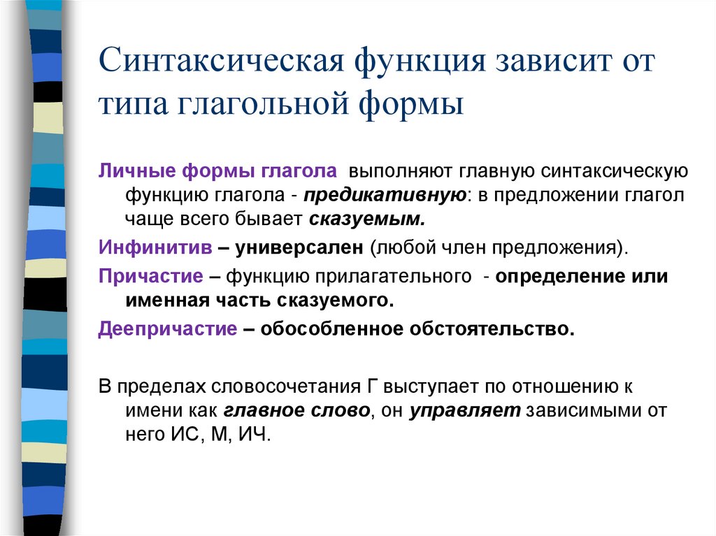 Синтаксическая функция зависит от типа глагольной формы