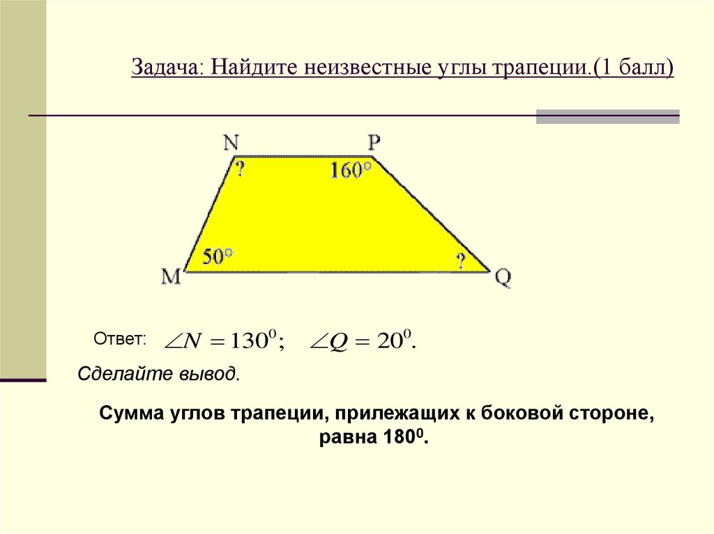 Задача: Найдите неизвестные углы трапеции.(1 балл)