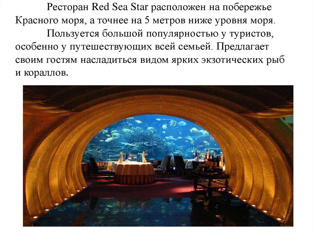 Ресторан Red Sea Star расположен на побережье Красного моря, а точнее на 5 метров ниже уровня моря. Пользуется большой