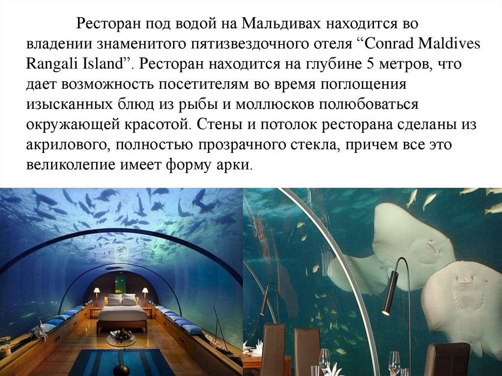 Ресторан под водой на Мальдивах находится во владении знаменитого пятизвездочного отеля “Conrad Maldives Rangali Island”.