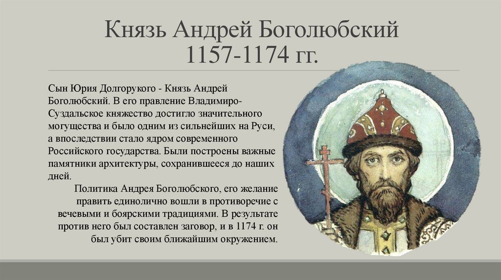 Князь Андрей Боголюбский 1157-1174 гг.