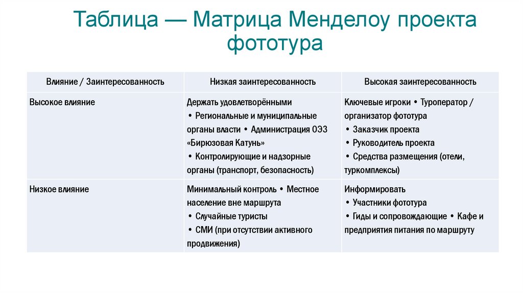 Таблица — Матрица Менделоу проекта фототура