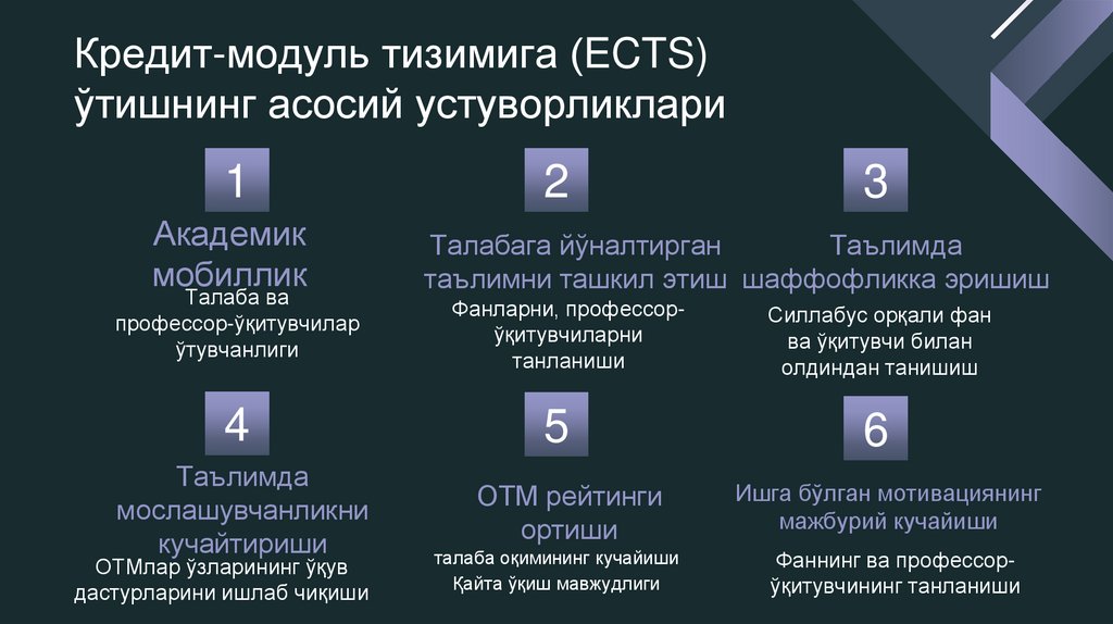 Кредит-модуль тизимига (ECTS) ўтишнинг асосий устуворликлари