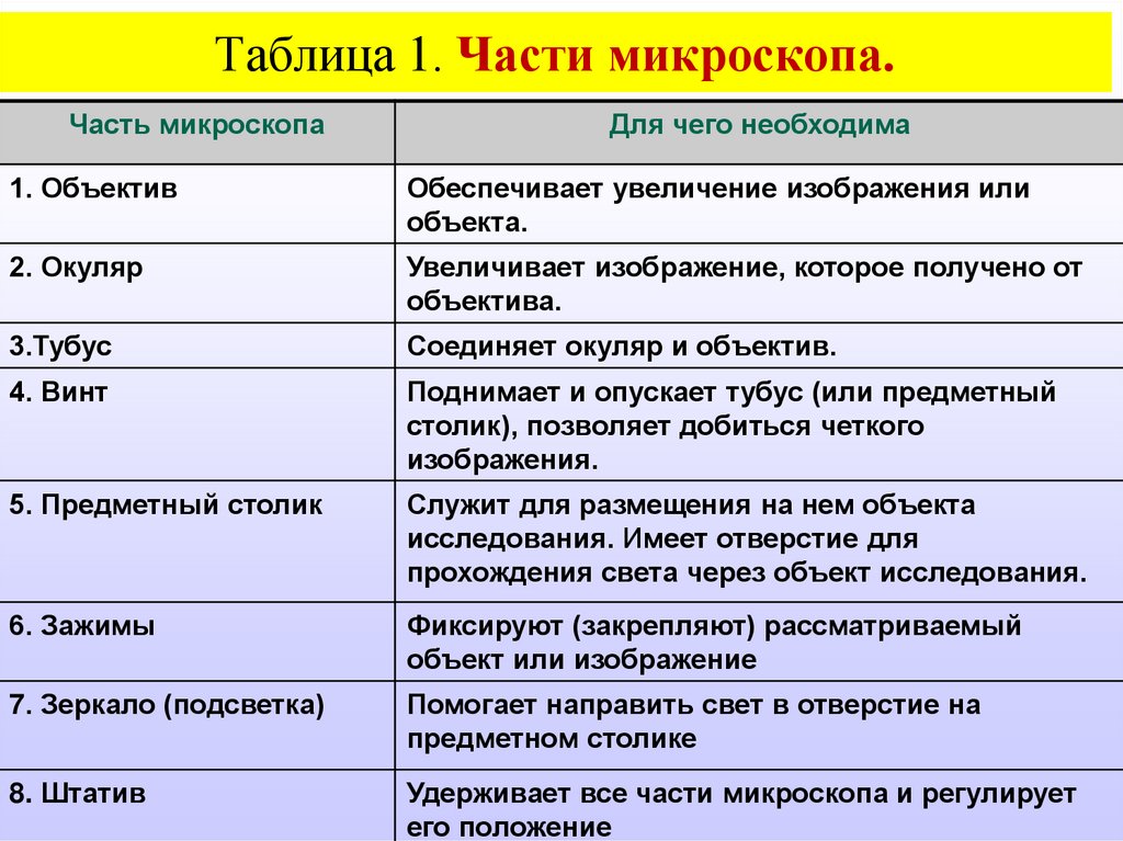Таблица 1. Части микроскопа.