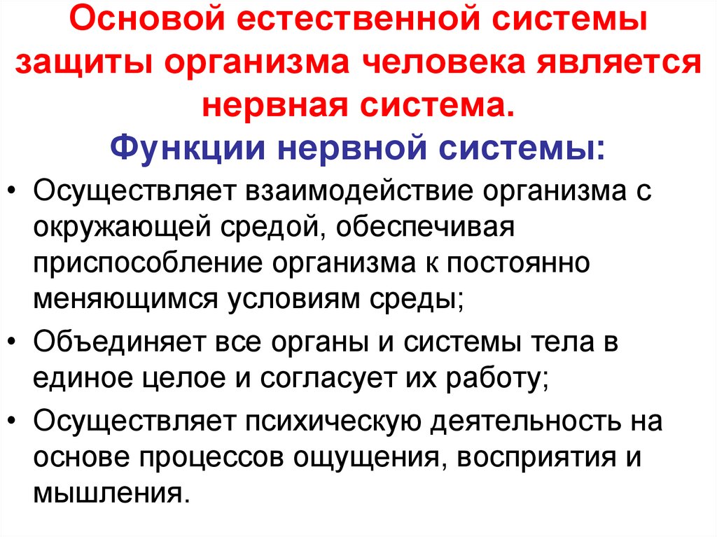 Основой естественной системы защиты организма человека является нервная система. Функции нервной системы: