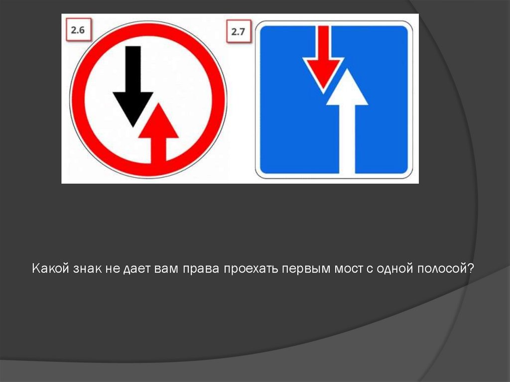 Какой знак не дает вам права проехать первым мост с одной полосой?