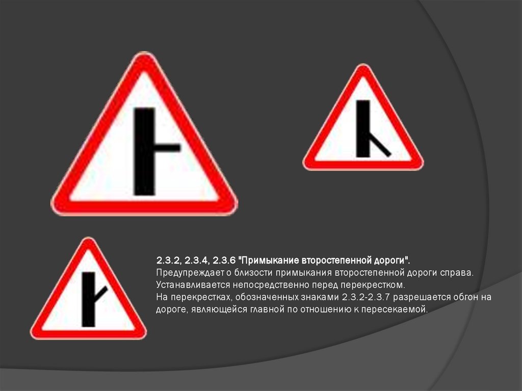 2.3.2, 2.3.4, 2.3.6 "Примыкание второстепенной дороги". Предупреждает о близости примыкания второстепенной дороги справа.