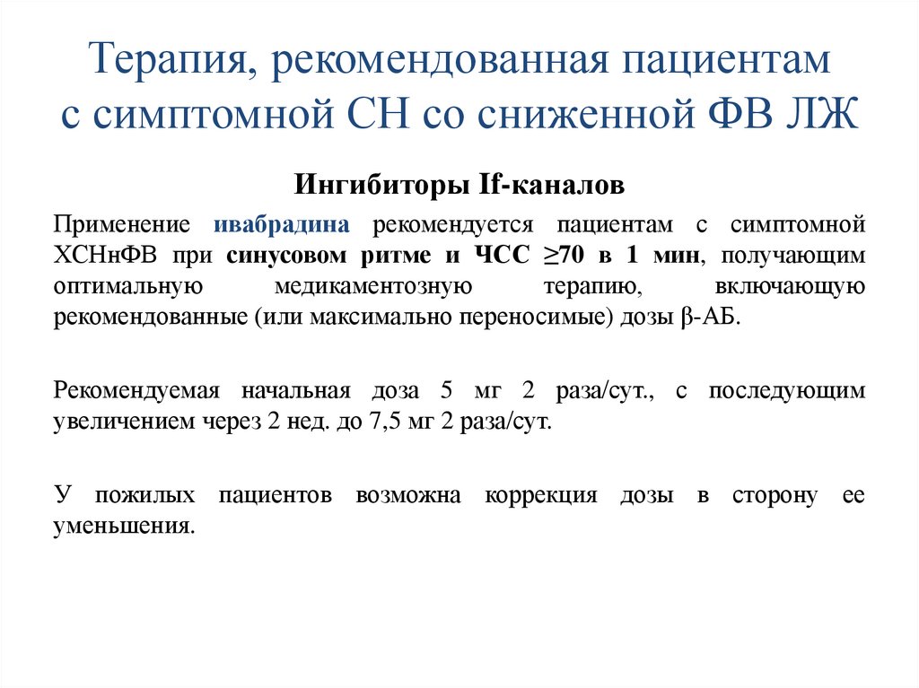 Терапия, рекомендованная пациентам с симптомной СН со сниженной ФВ ЛЖ